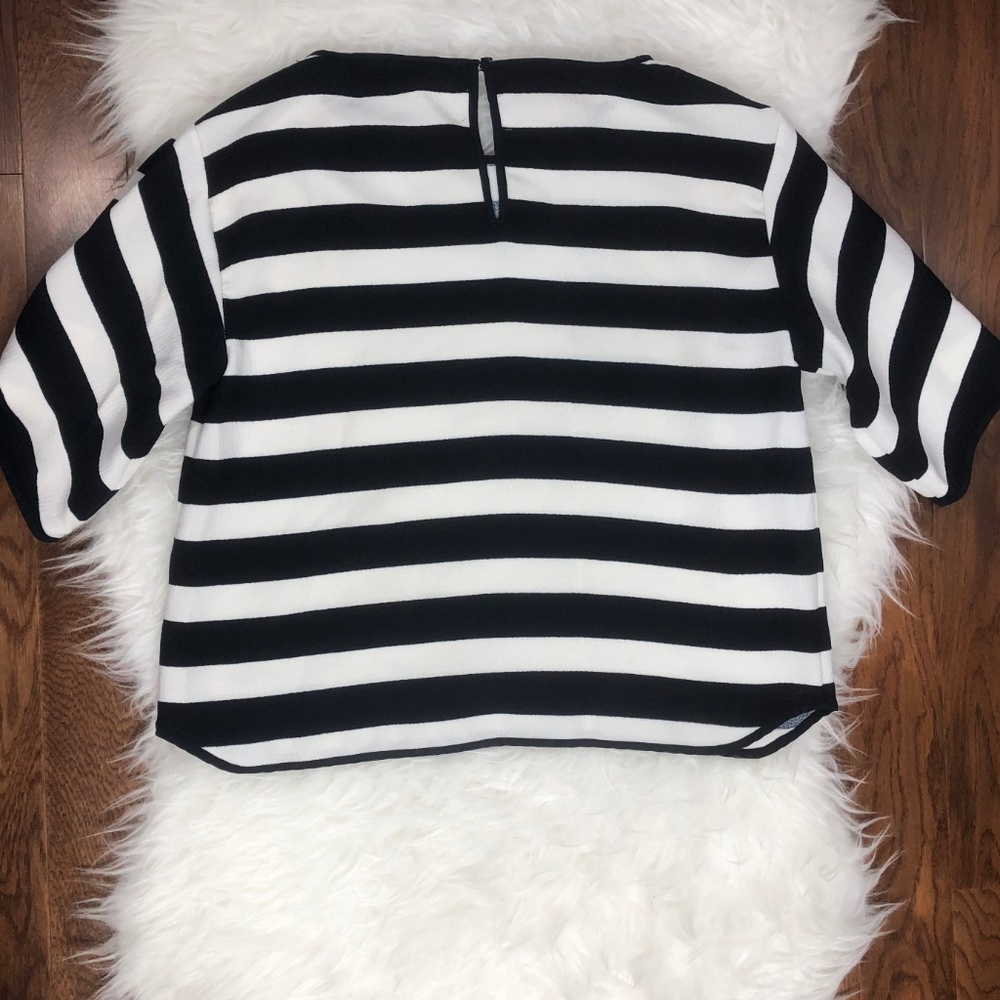 Zara Navy and White Striped Blouse w/ Pearl Sleeve - Picture 3 of 6